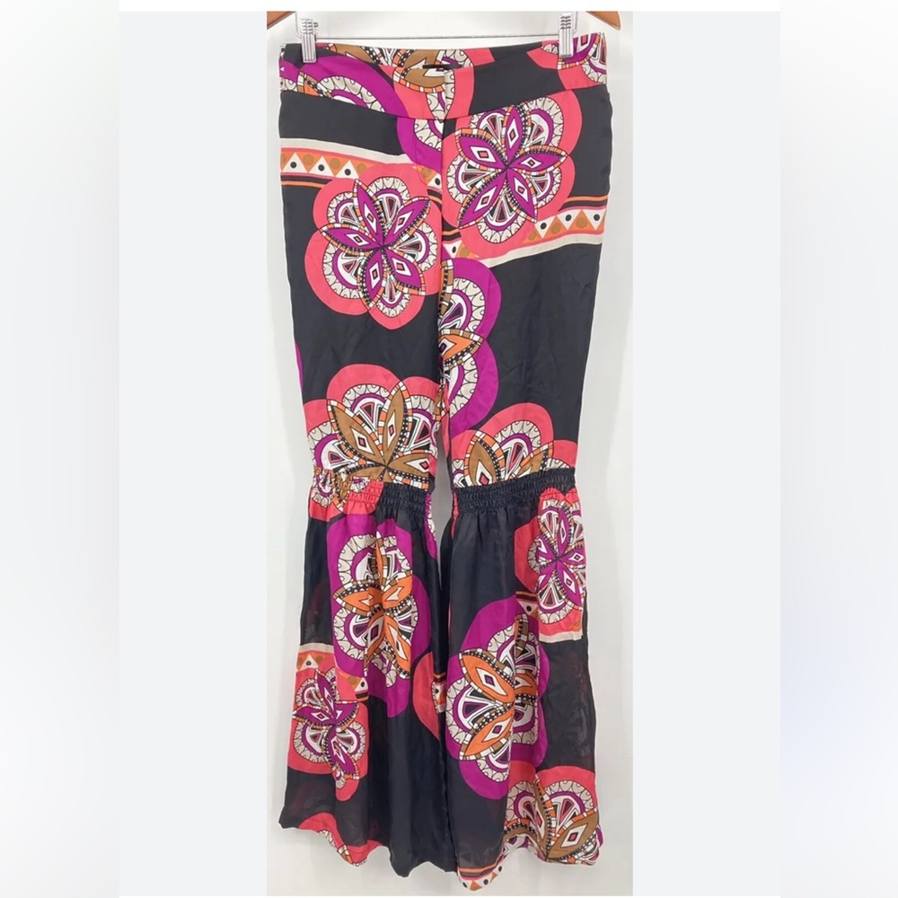 BEBE Smocked Bell Pant Black Pink Floral Flare Size 10 Women